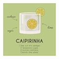 Classic Caipiroska Cocktail recipe. Beverage garnished with lime. Modern trendy print. Summer aperitif with ingredients