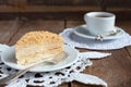 Classic Cake Napoleon of puff pastry with custard cream on a plate Royalty Free Stock Photo