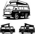 Classic Camper Van, Retro Black and White Illustration of a Vintage Pop-Top Van