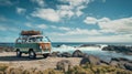 Classic campervan parked on the coastline beach, embracing coastal adventure allure