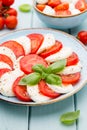 Classic caprese salad. Mozzarella tomatoes and  Basilikum Royalty Free Stock Photo