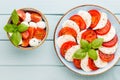 Classic caprese salad. Mozzarella tomatoes and  Basilikum Royalty Free Stock Photo