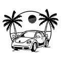 Classic car with a beach view, doodle black and white illustration Royalty Free Stock Photo