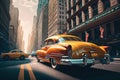 classic car cruising down busy street, surrounded by skyscrapers and modern buildings Royalty Free Stock Photo