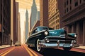 classic car cruising down modernized street, with towering skyscrapers in the background Royalty Free Stock Photo