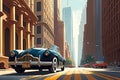 classic car cruising down modernized street, with towering skyscrapers in the background Royalty Free Stock Photo