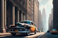 classic car cruising down modernized street, with towering skyscrapers in the background Royalty Free Stock Photo