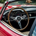 Classic Car Detail Wooden Steering Wheel in Retro Cabriolet Royalty Free Stock Photo