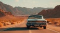 A classic car driving down a desert road. AI generative image. Royalty Free Stock Photo