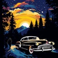 Classic Car Driving Under Starry Night Sky