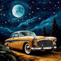 Classic Car Driving Under Starry Night Sky