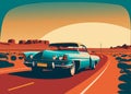 Classic car on highway in desert. Vector illustration Royalty Free Stock Photo