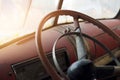 Classic car interior and old steering wheel Royalty Free Stock Photo