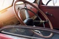 Classic car interior and old steering wheel Royalty Free Stock Photo