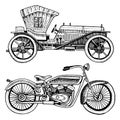 Classic car, machine or engine and motorcycle or motorbike illustration. engraved hand drawn in old sketch style Royalty Free Stock Photo