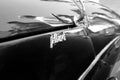 Classic British sports car details in black and white