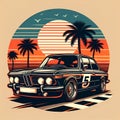 A classic car with palm tree and sunset view at the background, flying birds in blue sky, t-shirt prints, unique design