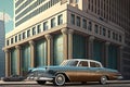 classic car parked in front of modern high-rise building, with view of bustling cityscape