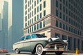 classic car parked in front of modern high-rise building, with view of bustling cityscape