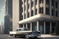 classic car parked in front of modern high-rise building, with view of bustling cityscape