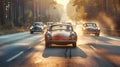 Classic car rally on german autobahn vintage vehicles speeding amid dust and excitement