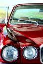 Classic  Car. Red Car. View Of The Rear Seat In Brown Leather. Close Up. High-end Car. Collectable. Vehicle. Conveyance. Rea
