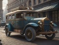 a classic car during the second world war was in the middle of the city