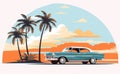 Classic Car by the Shore: A Retro Tropical Getaway - Generative AI Royalty Free Stock Photo