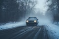 Classic car on snowy foggy road, winter forest landscape Royalty Free Stock Photo