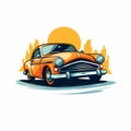 classic car with a stylized orange and blue design against an isolated background and city silhouette