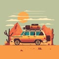 Classic car with suitcases traveling in the desert at sunset