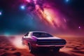 A classic car under a vibrant cosmic sky, showcasing a blend of vintage and fantasy elements