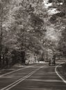 Classic car on winding country road in Fall Sepia