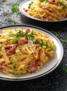 Classic Carbonara pasta, spaghetti with pancetta, bacon, egg, parmesan cheese and green arugula.