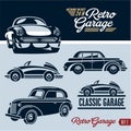 Classic cars. Retro cars garage. Mechanic on duty 24 hours. Royalty Free Stock Photo