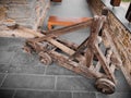 Classic catapult made manually with wood and ropes representing the typical weaponry of the middle ages