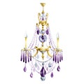 Classic chandelier with purple crystal. Watercolor illustration.
