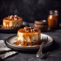 Classic cheesecake with caramel on a plate. Generative AI