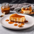 Classic cheesecake with caramel on a plate. Generative AI