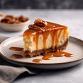 Classic cheesecake with caramel on a plate. Generative AI