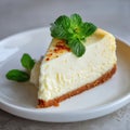 Classic cheesecake slice with herb and syrup drizzle Royalty Free Stock Photo