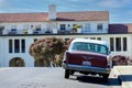 Classic 1957 Chevrolet Bel Air four door sedan parked on on the street in the historic residential neighborhood. Rear view - San