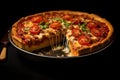 Classic Chicago deep-dish pizza, with a thick crust, layers of cheese, and hearty toppings