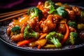 Classic Chinese dish, such as Kung Pao chicken, sweet and sour pork, or beef and broccoli, showcasing the vibrant colors, rich