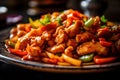 Classic Chinese dish, such as Kung Pao chicken, sweet and sour pork, or beef and broccoli, showcasing the vibrant colors, rich