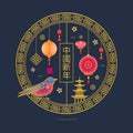 Classic Chinese new year background with lanterns, lotus, bird, flowers Royalty Free Stock Photo