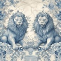 chinoiserie wallpaper art with chinese guardian lions, blue ceramic pattern in watercolor