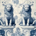 chinoiserie wallpaper art with chinese guardian lions, blue ceramic pattern in watercolor