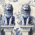 chinoiserie wallpaper art with a couple of chinese guardian lions, blue ceramic pattern in watercolor