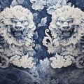 chinoiserie wallpaper art with a couple of chinese guardian lions, blue ceramic pattern in watercolor